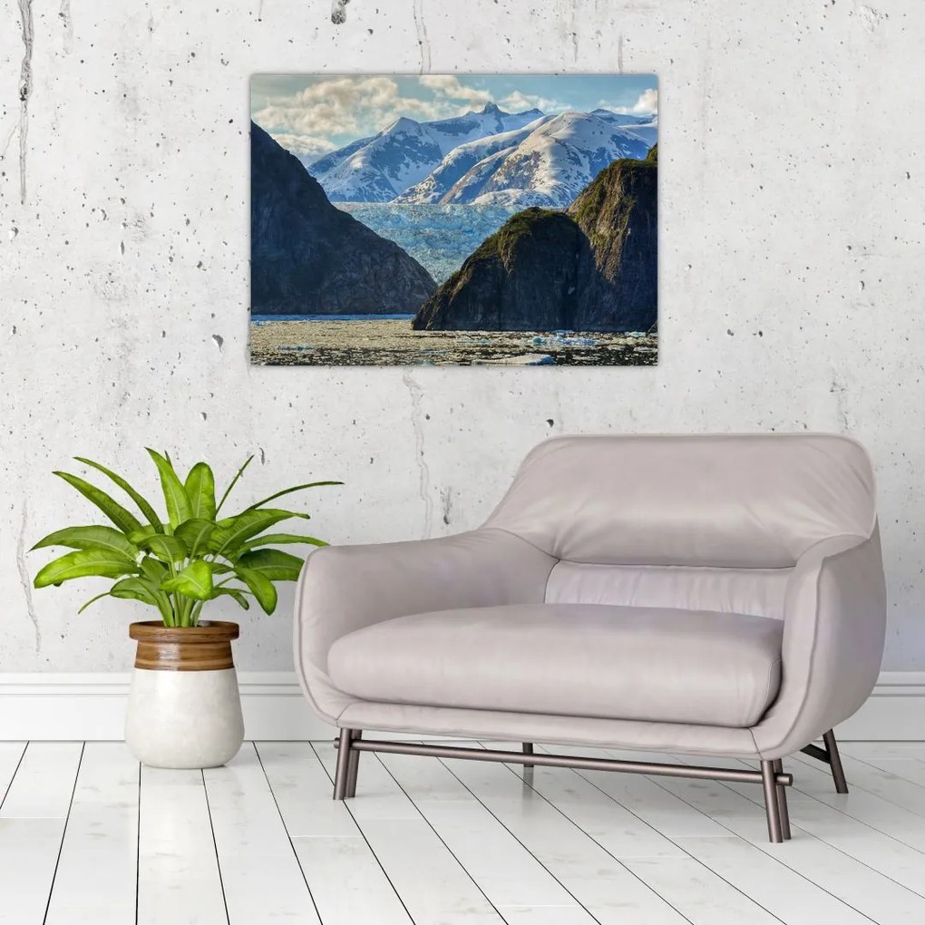 Tablou pe sticlă cu peisaj cu munții (70x50 cm)