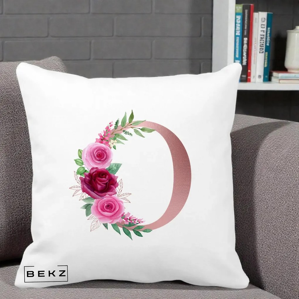 Cadou Personalizat - Perna Personalizata Monograma Rose Gold Litera O, 40x40 cm, Alba Mata, Husa Detasabila, Perna Inclusa, BEKZ®