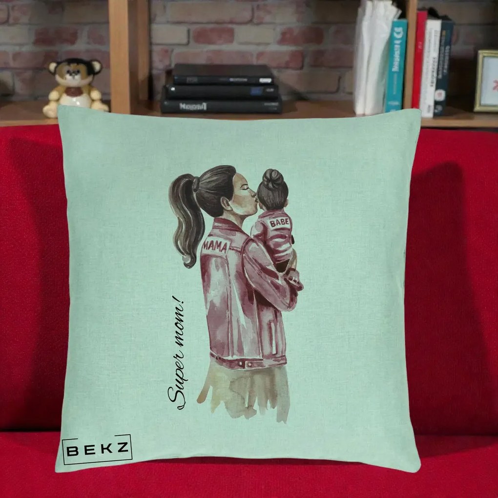 Cadou pentru Mama - Perna Personalizata Super Mom Jachete Roz, 40x40 cm, Verde Menta, Husa Detasabila, Perna Inclusa, BEKZ®