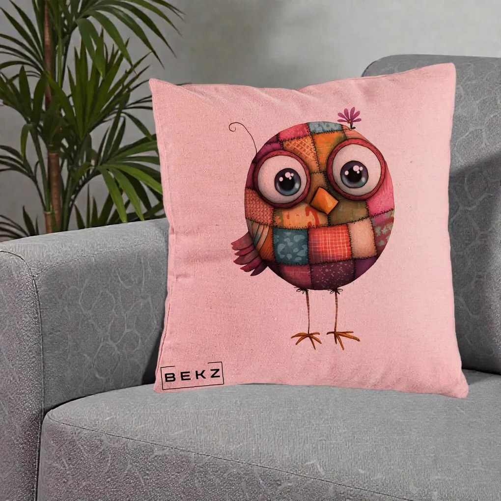 Perna Decorativa Pasare Patchwork Roz cu Floare, 40x40 cm, Roz, Husa Detasabila, Perna Inclusa, BEKZ®