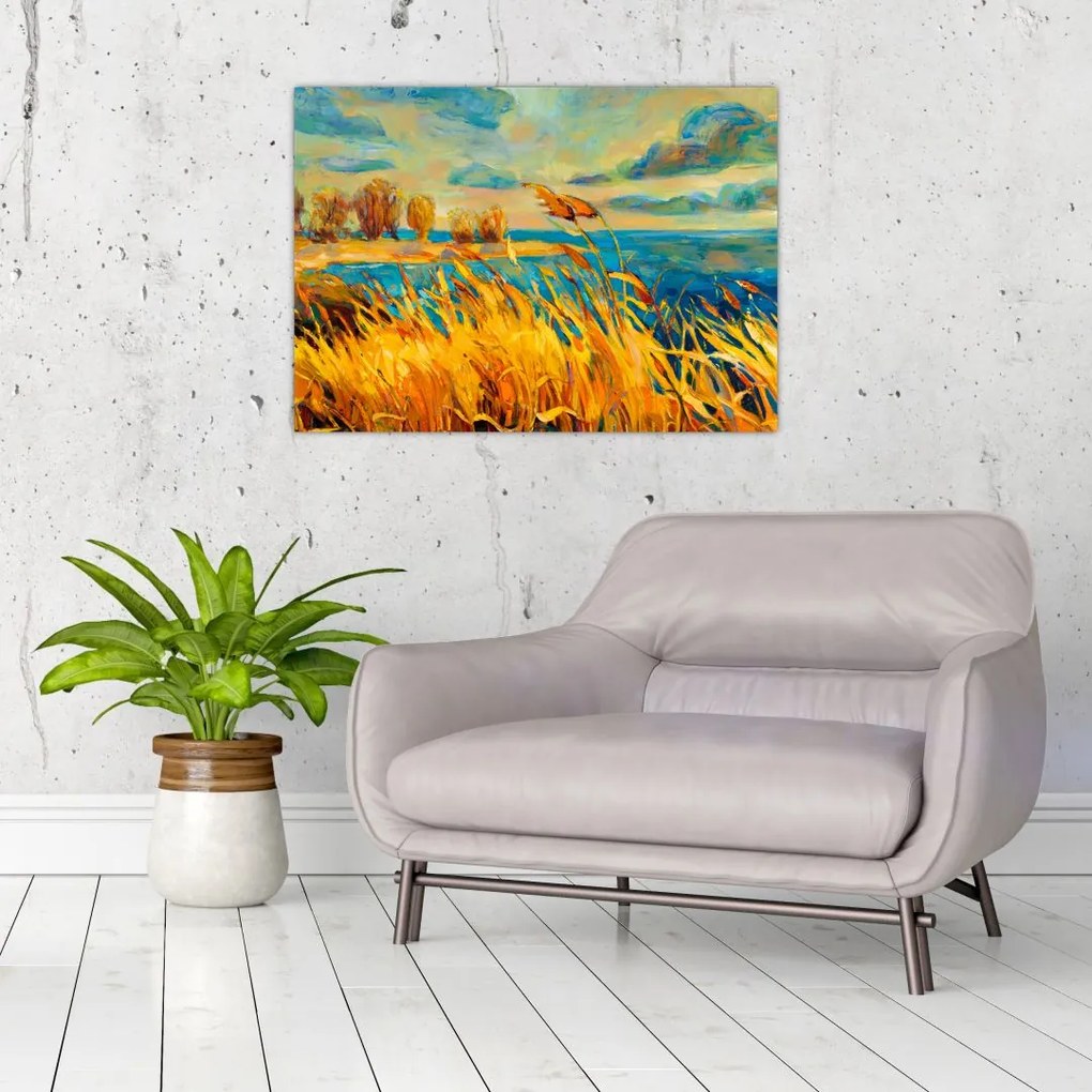 Tablou pe sticlă - Apus de soare peste lac, pictură acrilică (70x50 cm)