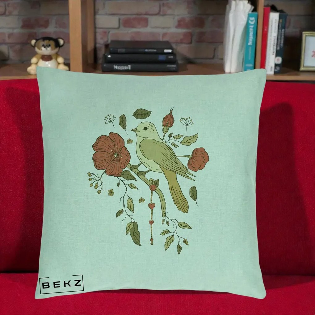 Perna Decorativa Pasare pe Ramura cu Maci, 40x40 cm, Verde Menta, Husa Detasabila, Perna Inclusa, BEKZ®