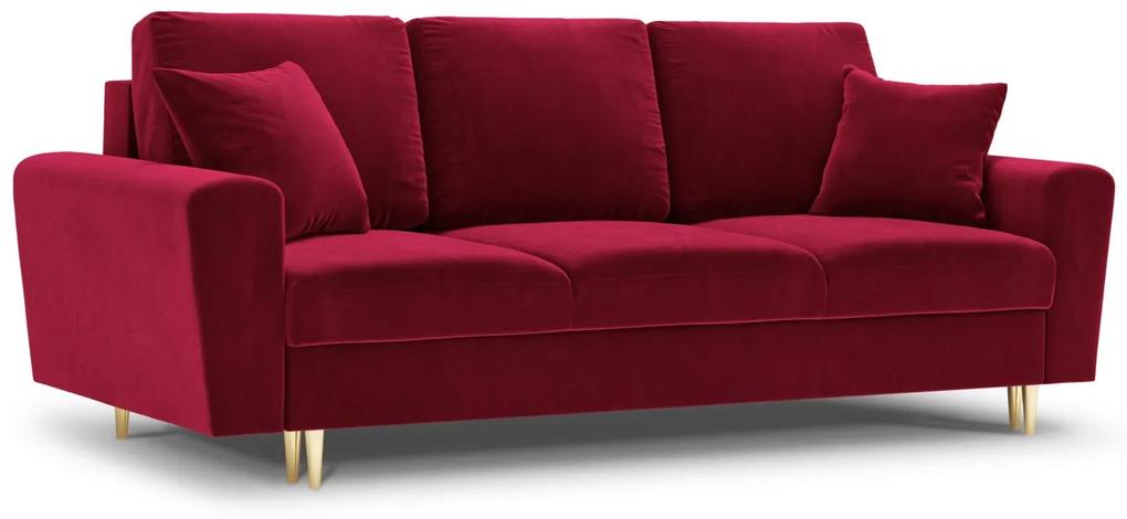 Canapea  extensibila 3 locuri Moghan cu tapiterie din catifea, picioare din metal auriu, rosu