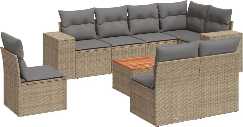 vidaXL Set canapele de grădină, 9 piese, cu perne, bej, poliratan