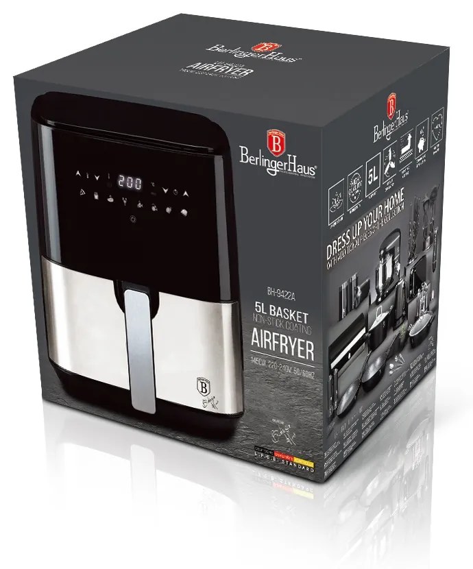 Friteuza cu aer cald, capacitate 5L Black Silver Berlinger Haus BH 9422A