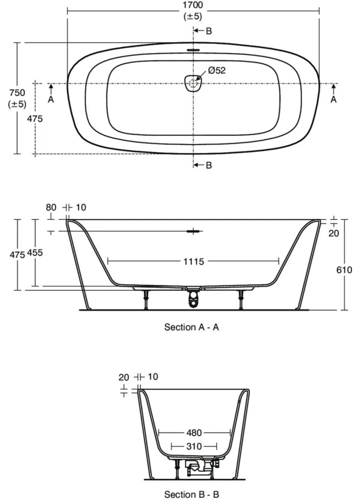 Cada freestanding, 170x75 cm, alba 1700x750 mm