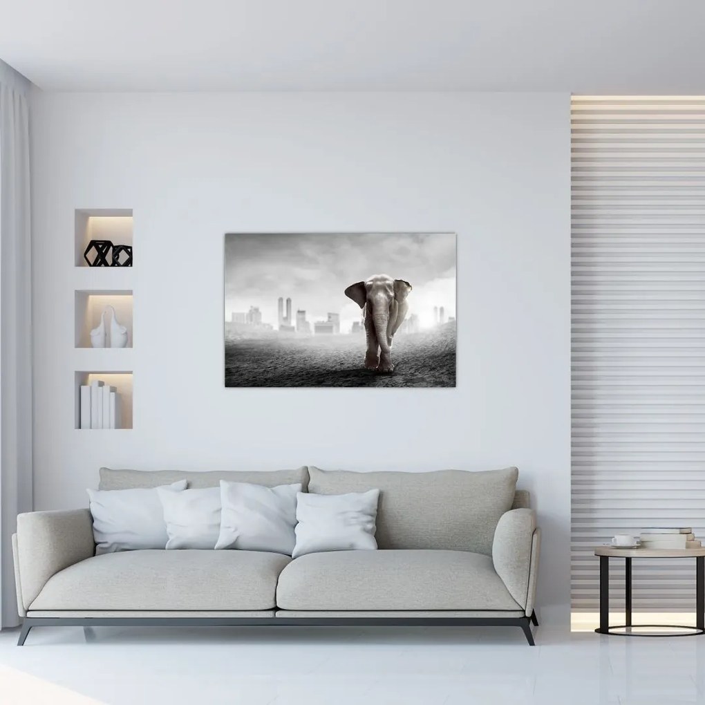Tablou - Elefanți în oraș, versiunea alb-negru (90x60 cm)