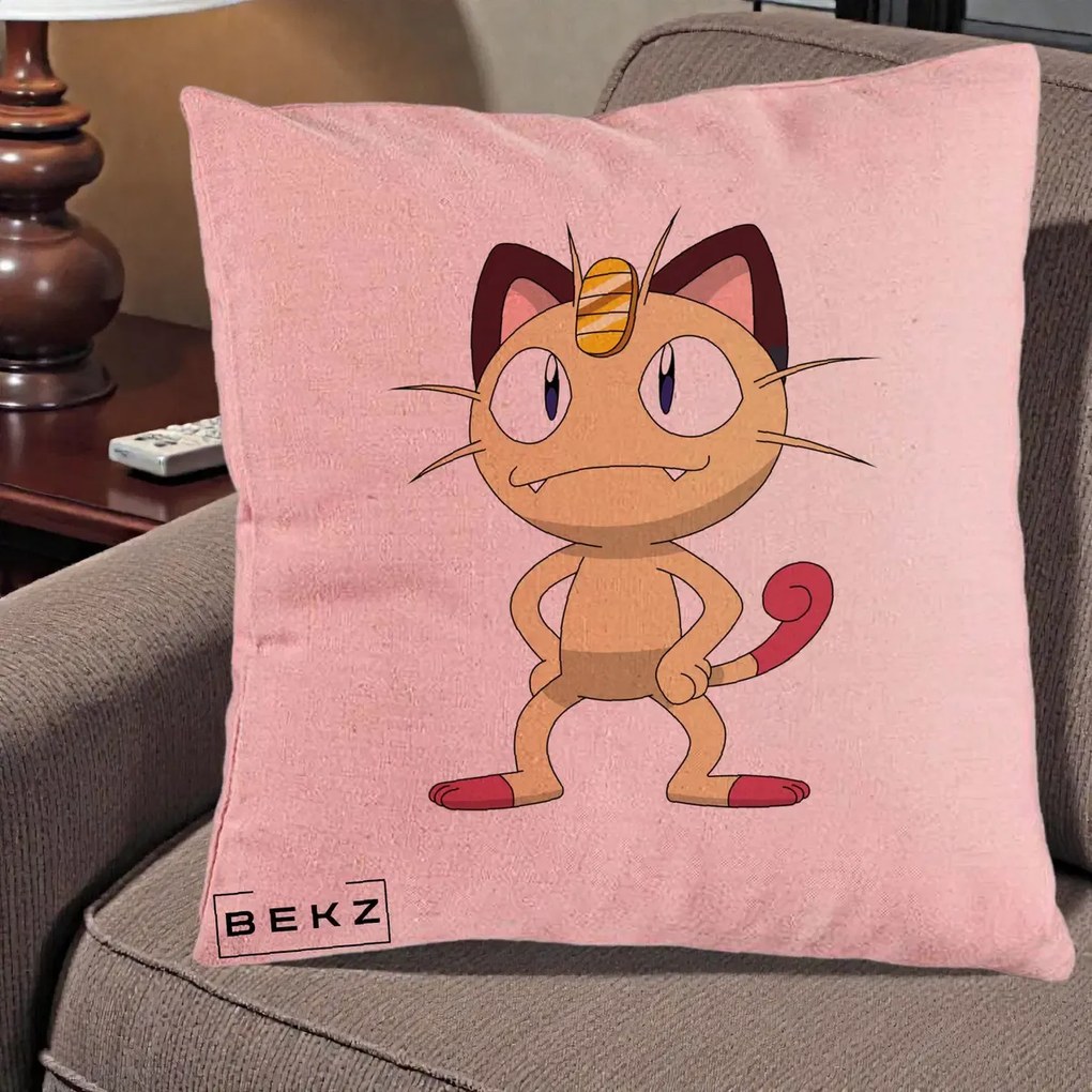 Perna Personalizata Meowth Pokemon, 40x40 cm, Roz, Husa Detasabila, Perna Inclusa, BEKZ®