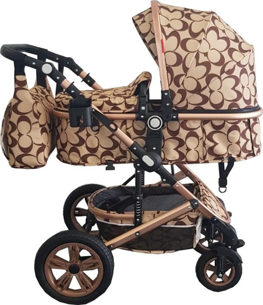 Carucior nou nascuti 3 in 1 Baby Care™ PRO 530 ,Cu geanta bebe, Cadru Aluminiu Gold, Amortizoare, Roti din cauciuc plin AVE, Landou, Scoica auto,