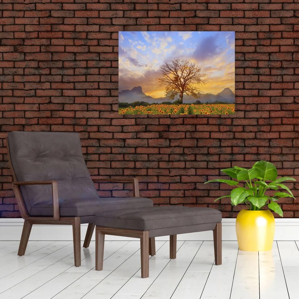 Tablou pe sticlă - Peisaj cu floarea soarelui (70x50 cm)
