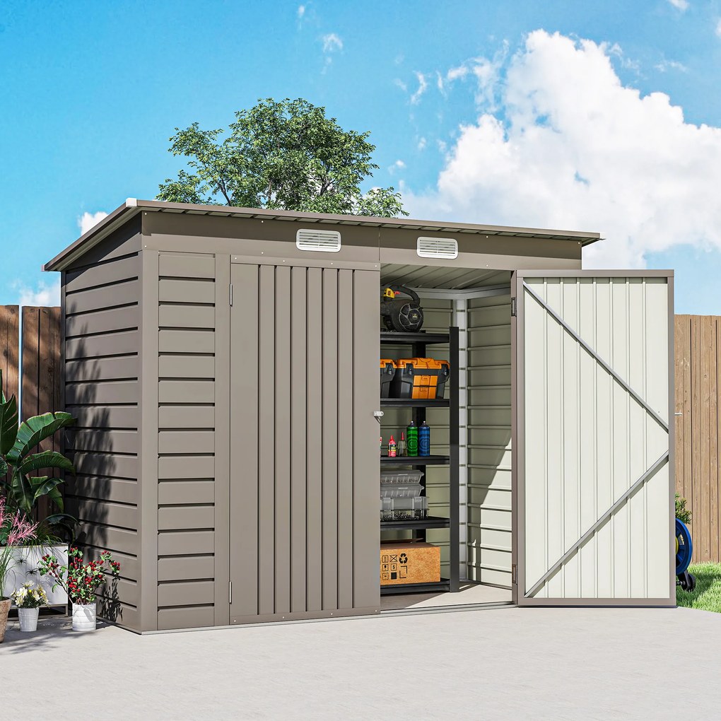 Outsunny Adăpost de Grădină 8 x 4FT din Metal, cu Uși Duble și 2 Ventilații, Gri | Aosom Romania