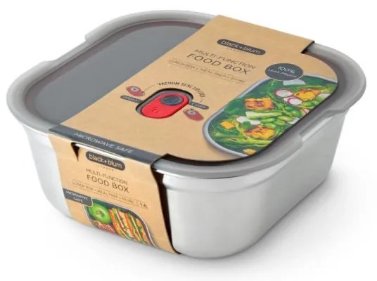 Cutie pentru alimente Black+Blum FBSS-SQ-L017, 1.4 L, Patrata, Potrivita pentru cuptor, Fara BPA, Otel inoxidabil, Gri