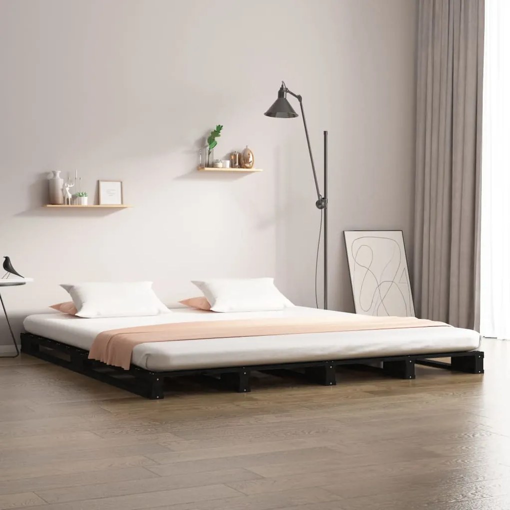 821401 vidaXL Pat din paleți King Size 5FT, negru, 150x200 cm, lemn masiv pin