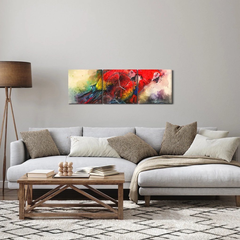 Tablou - Papagali roșii ara (cu ceas) (90x30 cm)