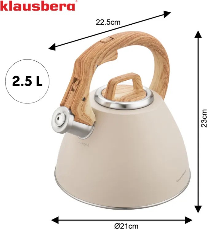 Klausberg KB 7954 Fierbător cu vârtej, 2,5 l, Oțel inoxidabil, Mâner izolat cu efect de lemn, Inducție, Bej/maro