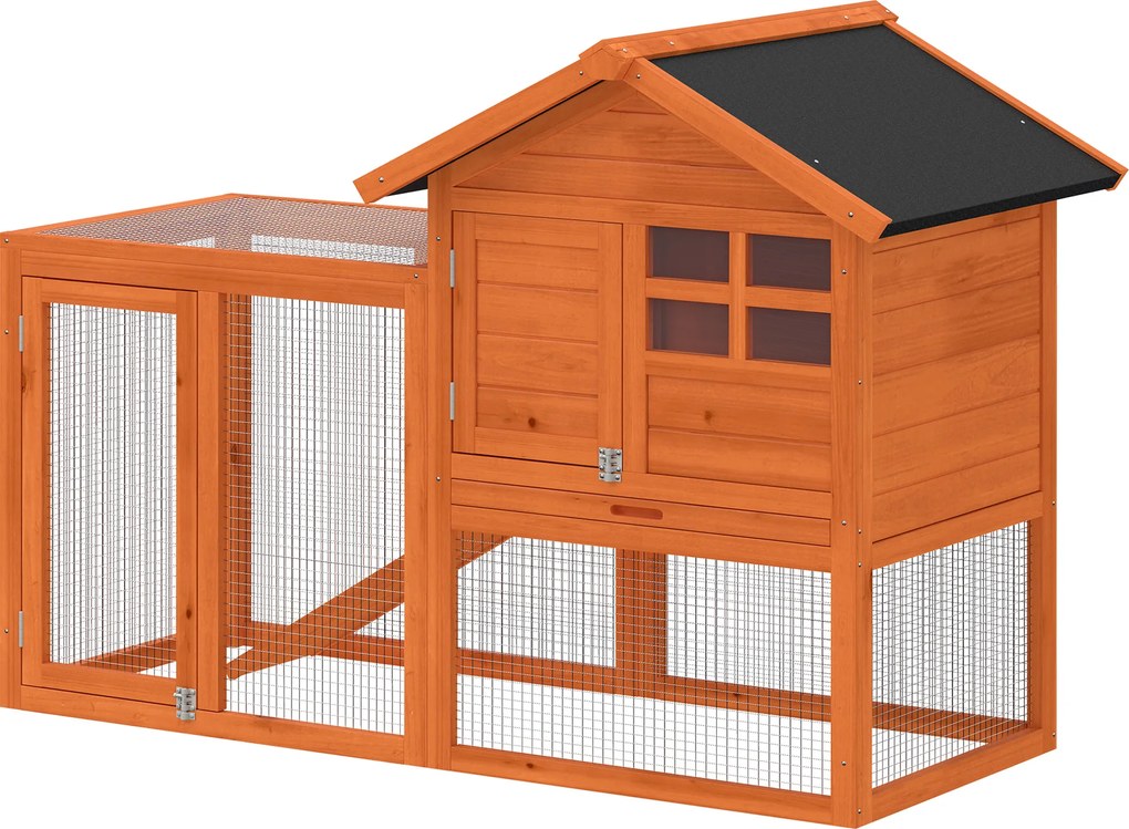 PawHut Coteț iepuri 2 etaje coteț cu acoperiș bituminos impermeabil parc exterior rampă uși lemn 123,5x62,6x92,5 cm Portocaliu | Aosom Romania