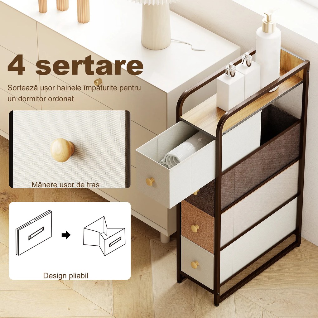 HOMCOM Comodă Slim din Material Textil cu 4 Sertare Pliabile, Mobil Compact din Oțel pentru Dormitor, Baie și Living, 20x47x84,5 cm, Multicolor | Aosom Romania