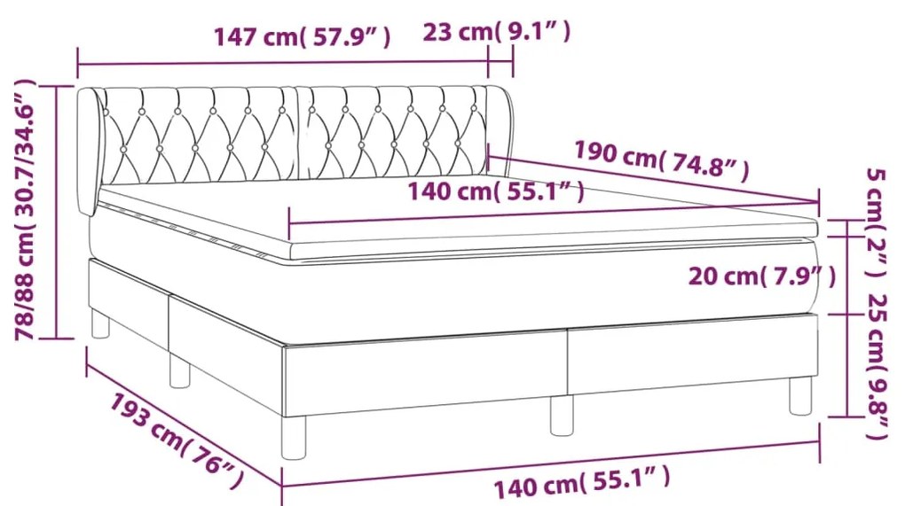 Pat box spring cu saltea, crem, 140x200 cm, textil Crem, 140 x 190 cm, Design cu nasturi