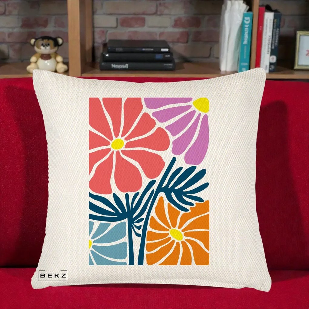 Perna Decorativa Flori Grafice Roz-Orange-Albastru, 40x40 cm, Crem Reliefat, Husa Detasabila, Perna Inclusa, BEKZ®