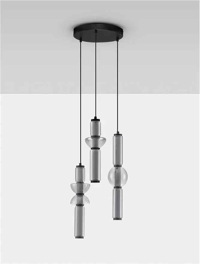 Lustra moderna cu 3 pendule LED, Metal, Negru, Sticla, Fumurie, Ulon