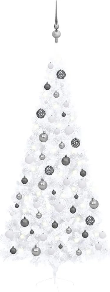 vidaXL Jumătate brad Crăciun pre-iluminat cu set globuri, alb, 240 cm