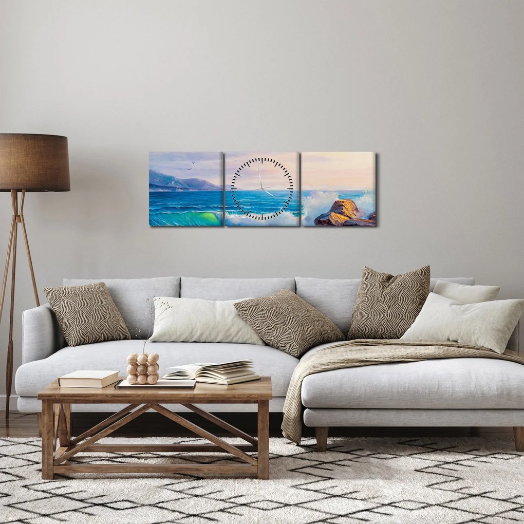 Tablou - Valuri lovind stânci, pictură în ulei (cu ceas) (90x30 cm)