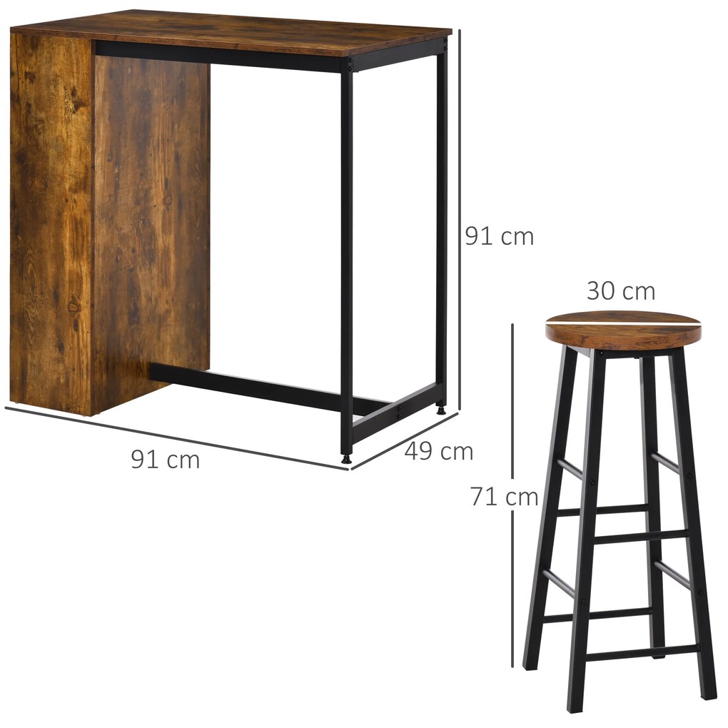 HOMCOM Set Masă Industrială 3 Piese, Masă de Bar cu Raft Depozitare și 2 Scaune, Maro Rustic, Design Compact | Aosom Romania