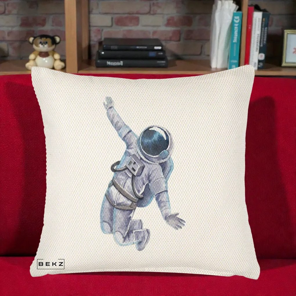 Perna Decorativa Astronaut Acuarela Zbor, 40x40 cm, Crem Reliefat, Husa Detasabila, Perna Inclusa, BEKZ®