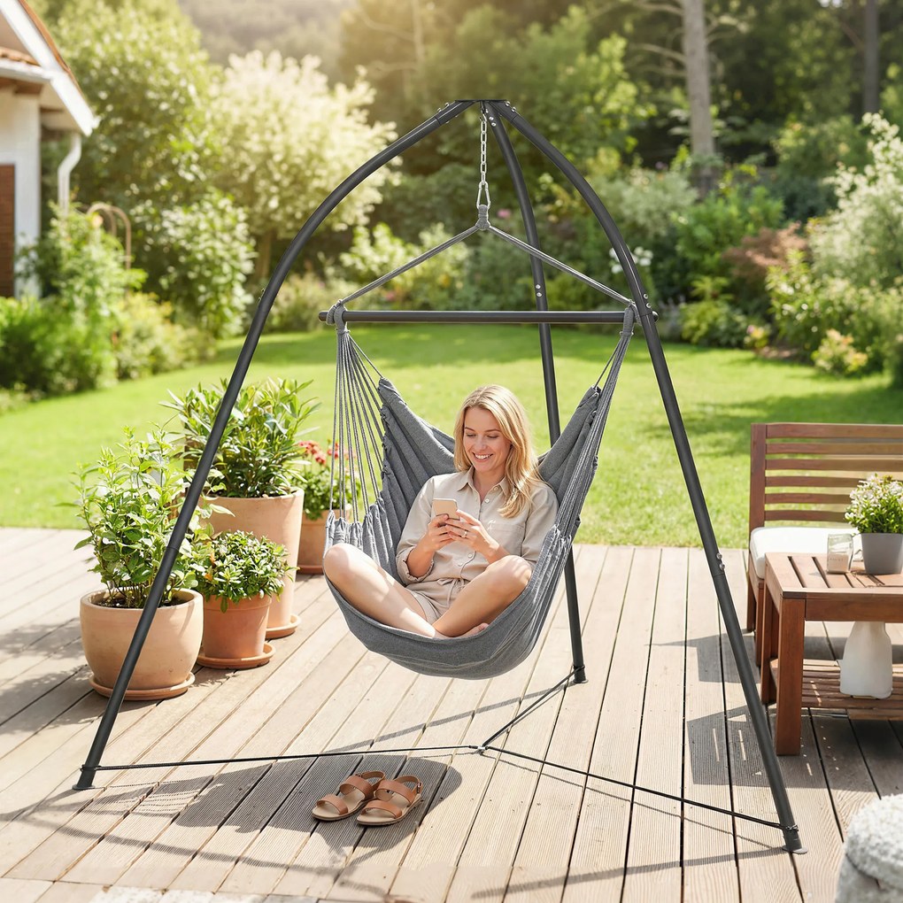 Outsunny Suport triunghiular pentru scaun suspendat cu lanț reglabil, bază stabilă pentru terasă/grădină, sarcină 150 kg, Negru | Aosom Romania