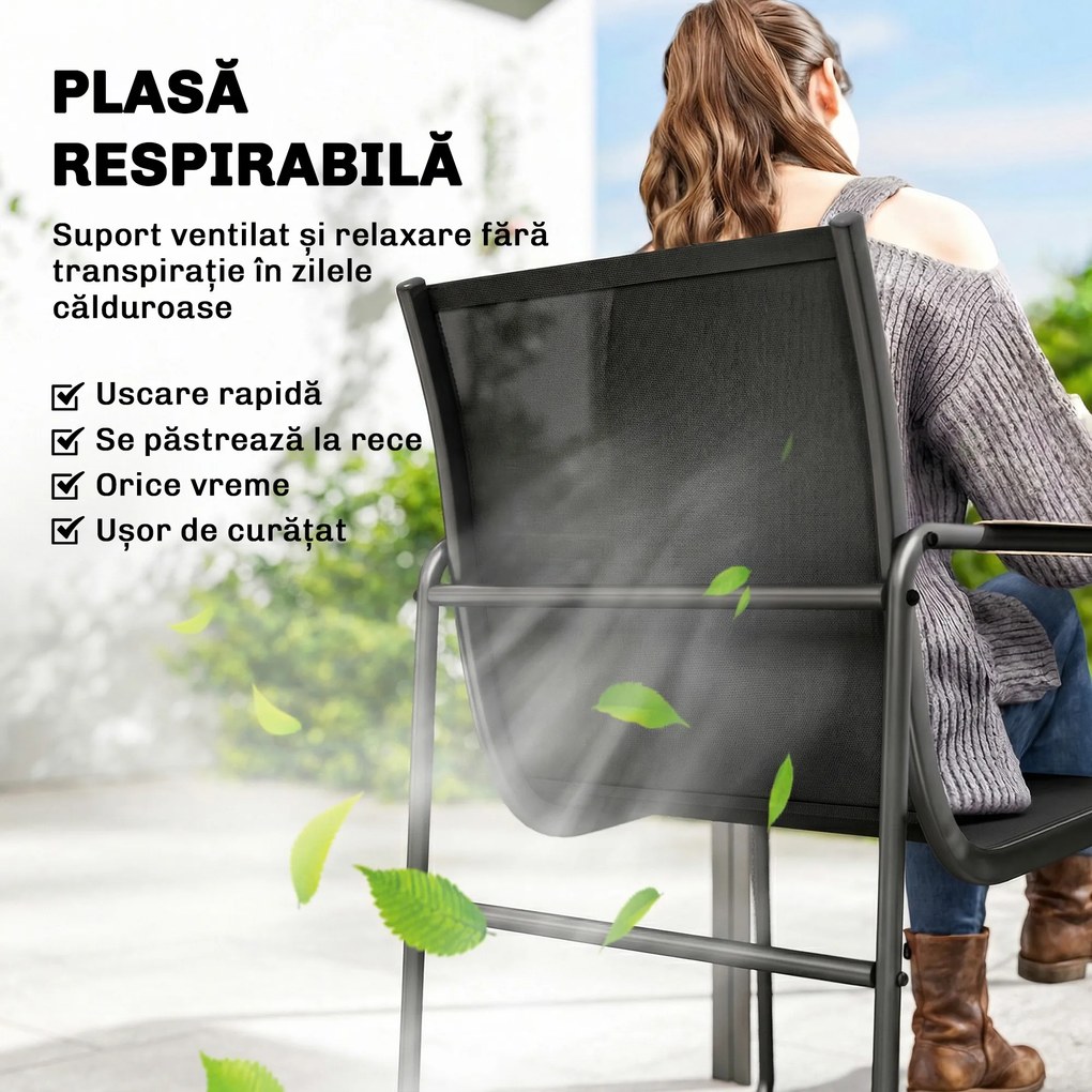 Outsunny Set Masă și Scaune de Grădină 7 Piese, Set Prânz Exterior cu Masă din Sticlă Temperată, 6 Scaune din Texteline Respirabil, Cotiere Decorative, Structură din Oțel pentru Terasă Balcon, Negru | Aosom Romania