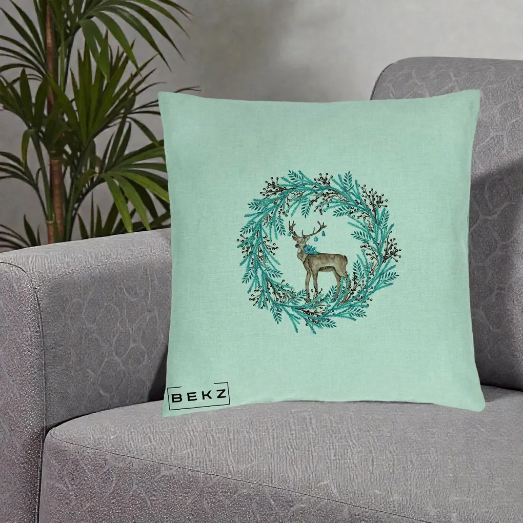 Perna Decorativa Coroana Turcoaz cu Ren, 40x40 cm, Verde Menta, Husa Detasabila, Perna Inclusa, BEKZ®