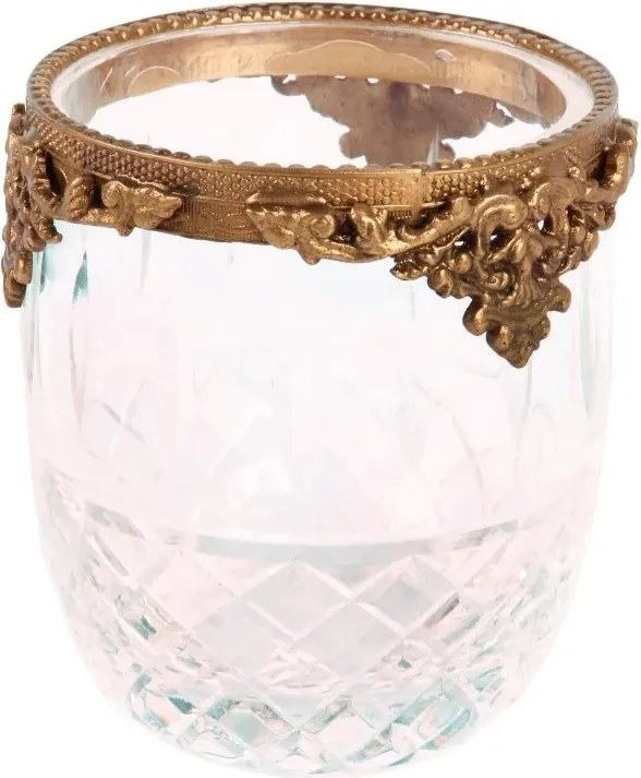 Suport lumânare pastilă din sticlă decorată manual și alamă, auriu, cu margine ornamentată, aspect vintage, finisaj antichizat, 10 x 9 cm, „Rosalie”