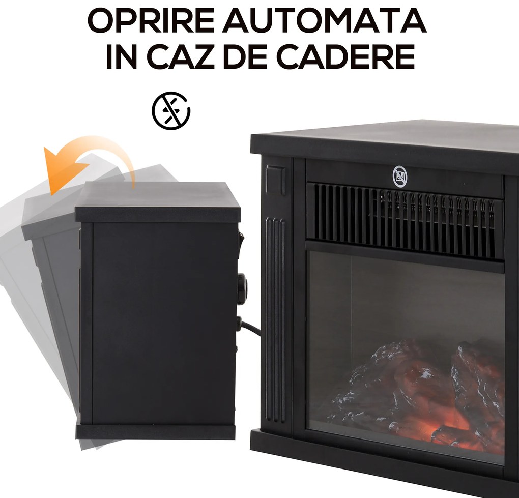 Șemineu Electric de PodeaPutere 600W/1200W din Plastic și Sticlă Temperată Negru, 34x17x25cm HOMCOM | Aosom Romania