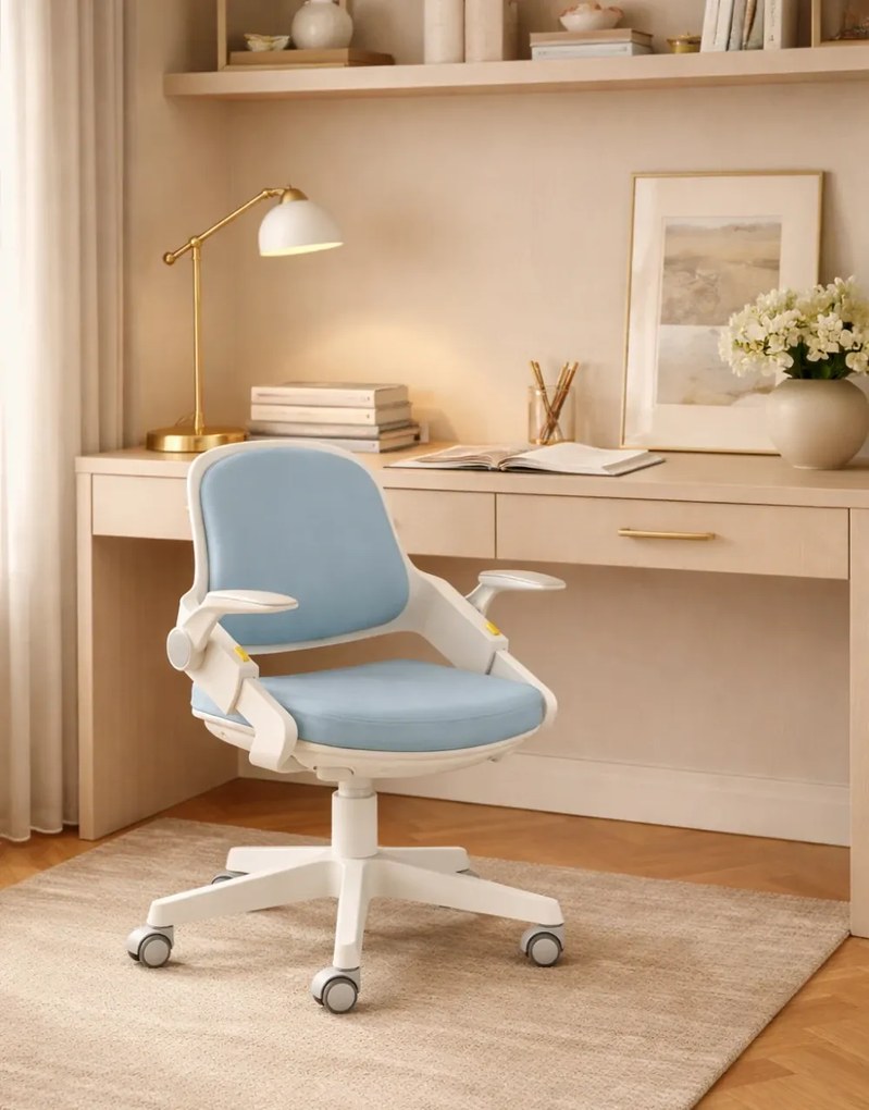 JUNIOR STUDY PRO – Scaun ergonomic rotativ pentru copii, reglabil pe înălțime, suport picioare reglabil, rotativ 360°, roți cu blocare automată, Albastru