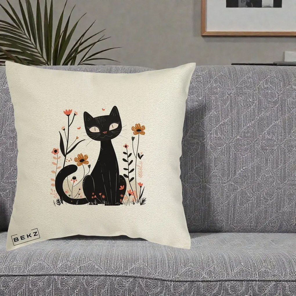 Perna Decorativa Pisica Neagra Flori Pastel Folk, 40x40 cm, Ecru, Husa Detasabila, Perna Inclusa, BEKZ®