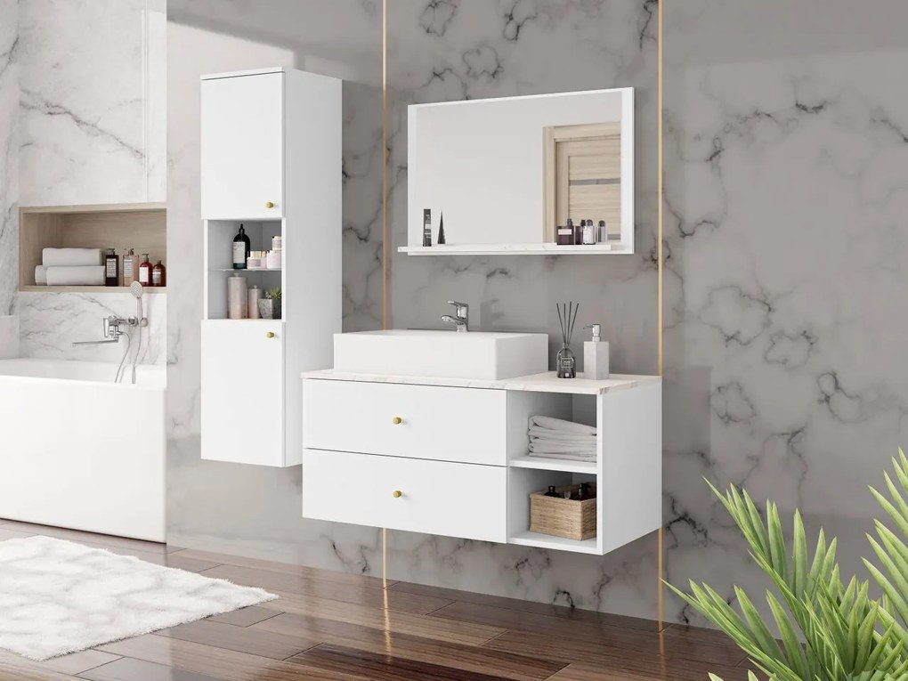 Mobilier baie Kiago II (Alb mat + Marmură bianco + auriu) . 1103959