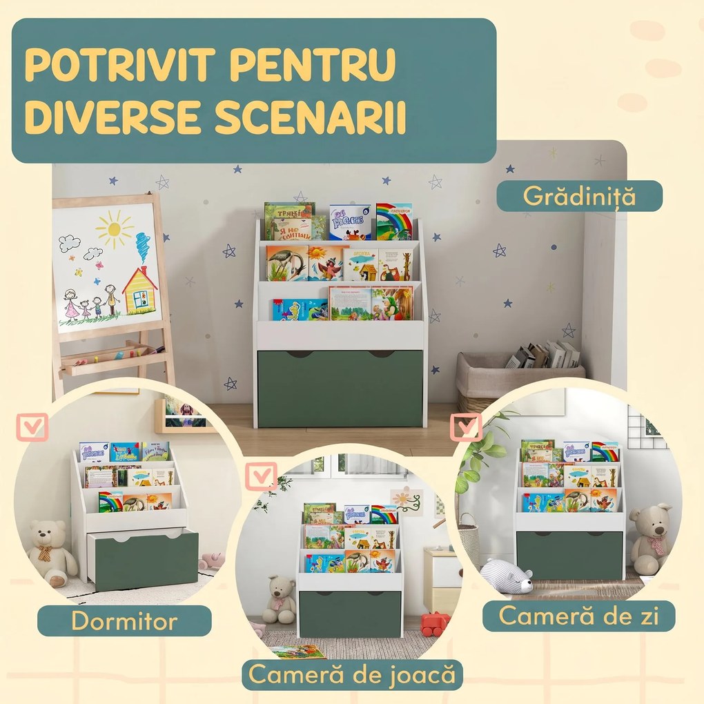 AIYAPLAY Bibliotecă pentru Copii cu Rafturi, Sertar, pentru Dormitor, Cameră de Joacă, Alb și Verde | Aosom Romania