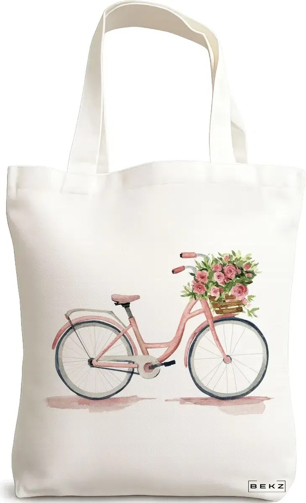 Sacosa de Panza pentru Cumparaturi, Geanta Tote, model Pink Bicycle, 38x34.5 cm, Alba, BEKZ®
