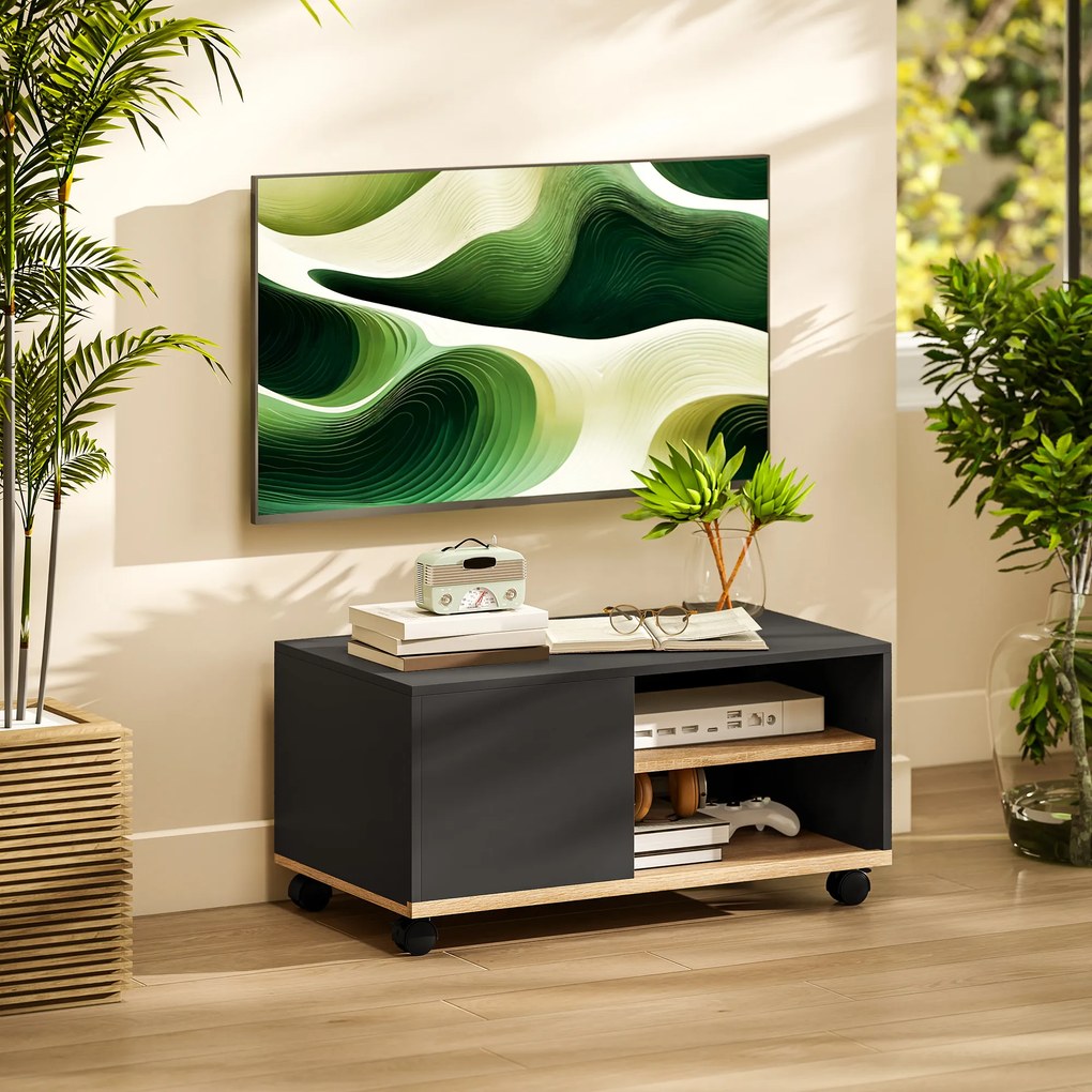 HOMCOM Dulap TV 42" Max cu 2 Rafturi deschise si Usa, Dulap TV Jos din PAL cu Roti, 80x45x39.5 cm, Alb | Aosom Romania