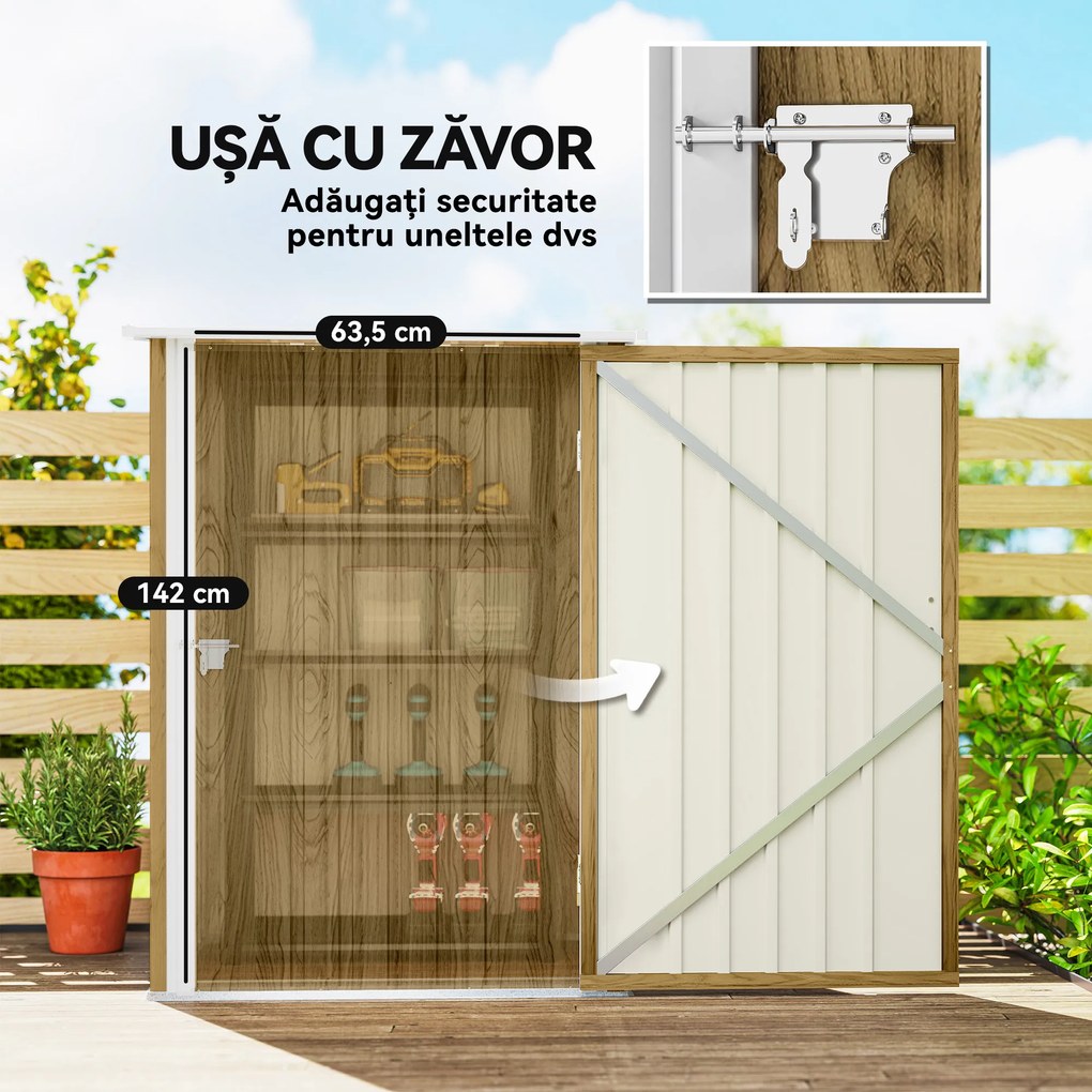 Outsunny Căsuță de Grădină 0.92m² din Oțel Galvanizat, Depozit pentru Unelte cu Ușă Blocabilă, Acoperiș Înclinat, 100x104x160 cm, Maro Deschis cu Aspect de Lemn | Aosom Romania