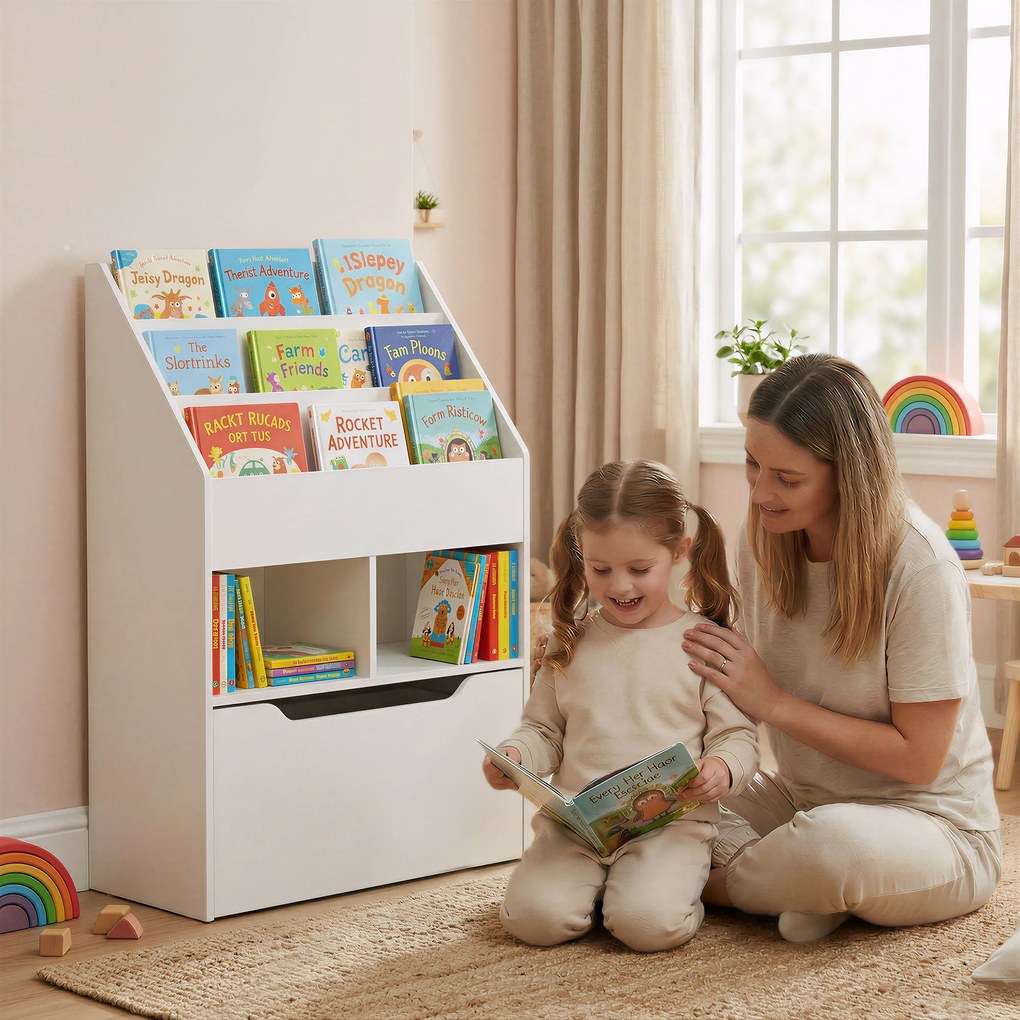 Biblioteca pentru Copii cu mai Multe Rafturi Suport de Organizare cu Sertar de Depozitare pentru Camera de Joaca, Alb HOMCOM | Aosom Romania