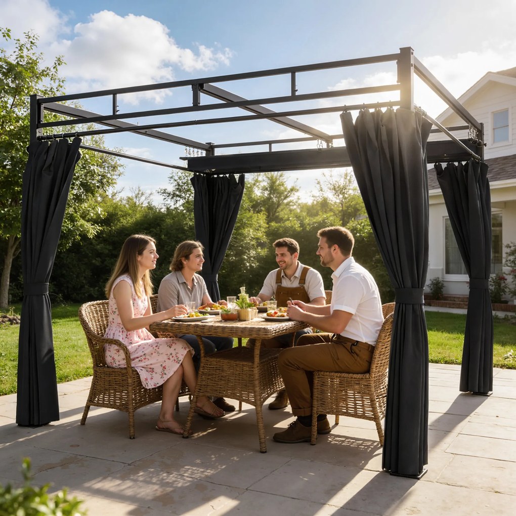 Outsunny Gazebo Pergolă 3x3 m cu Acoperiș Retractabil Glisant, 4 Pereți Laterali, Orificii de Drenare, Pergolă de Grădină din Poliester și Oțel, pentru Terasă, Curte, Exterior, UV30+, Gri Închis | Aosom Romania