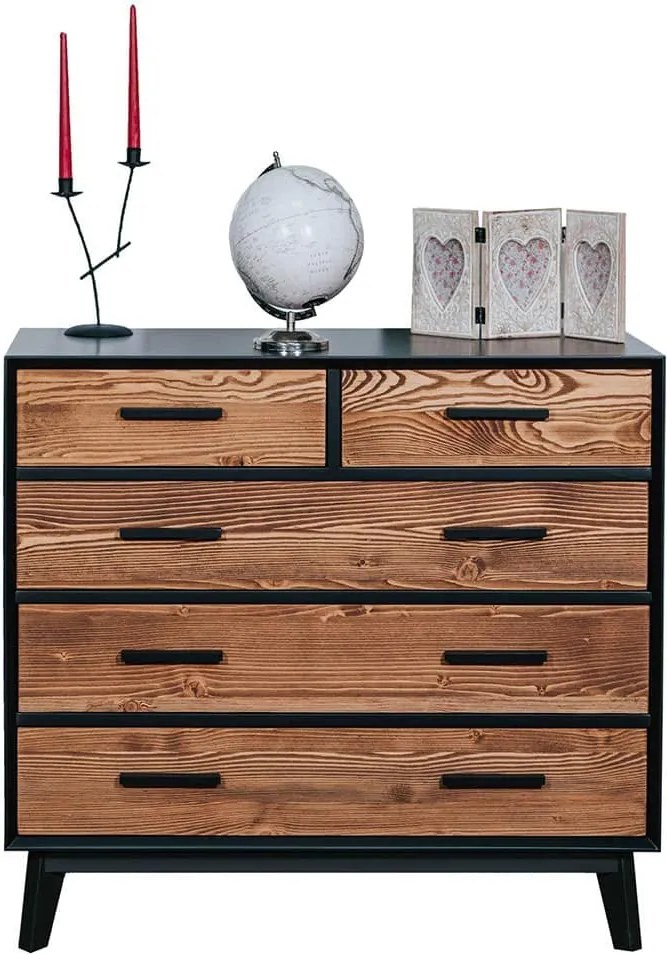 Comodă lemn masiv Timeless 3+2 Sertare Negru, 98 × 45 × 85 cm