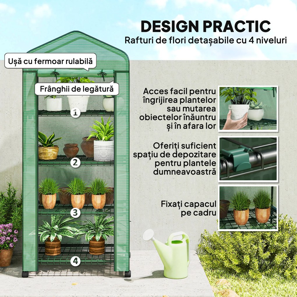 Outsunny Seră Portabilă, Seră pentru Flori și Plante pentru Exterior cu 4 Rafturi, Prelată PE, Verde | Aosom Romania