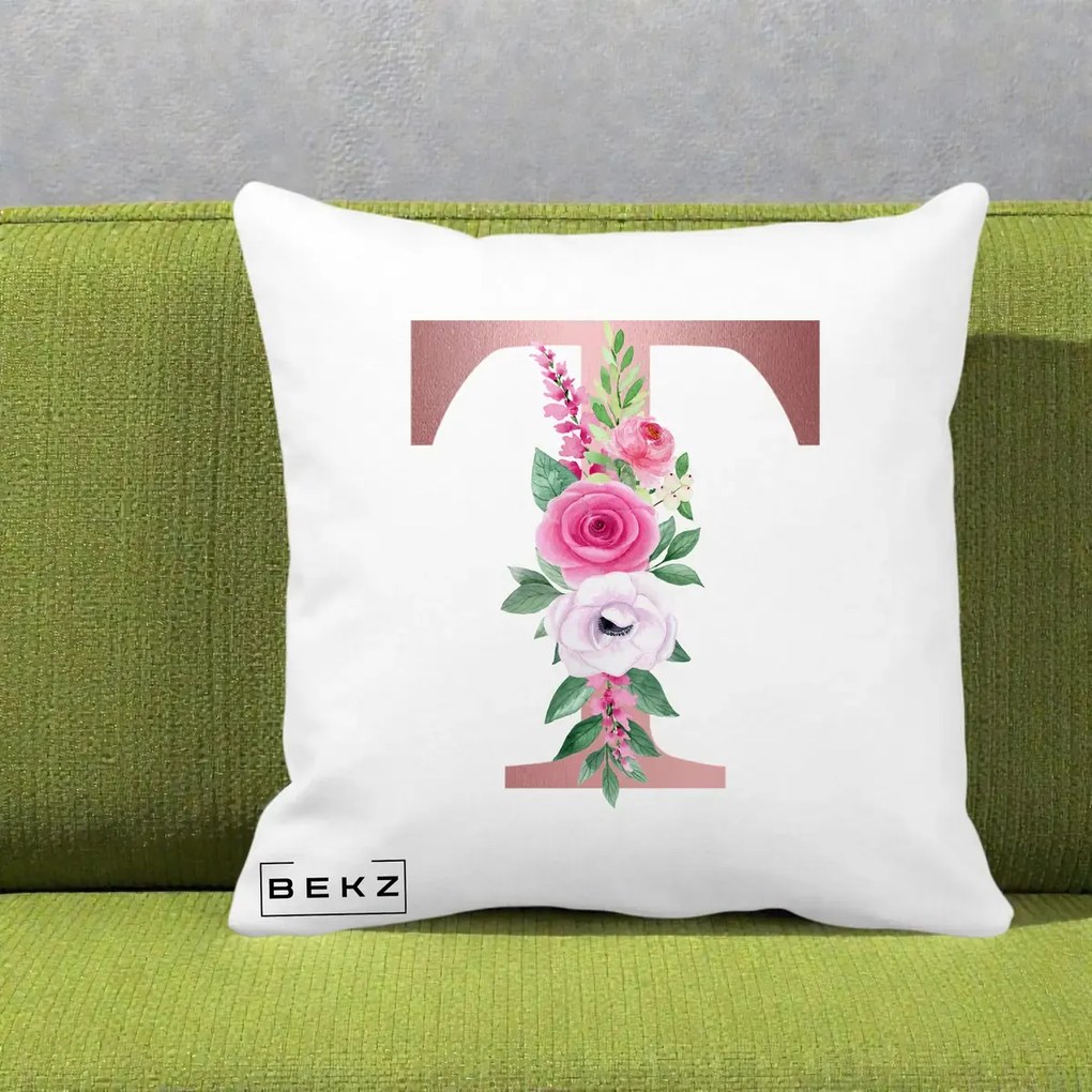 Cadou Personalizat - Perna Personalizata Monograma Rose Gold Litera T, 40x40 cm, Alba Mata, Husa Detasabila, Perna Inclusa, BEKZ®