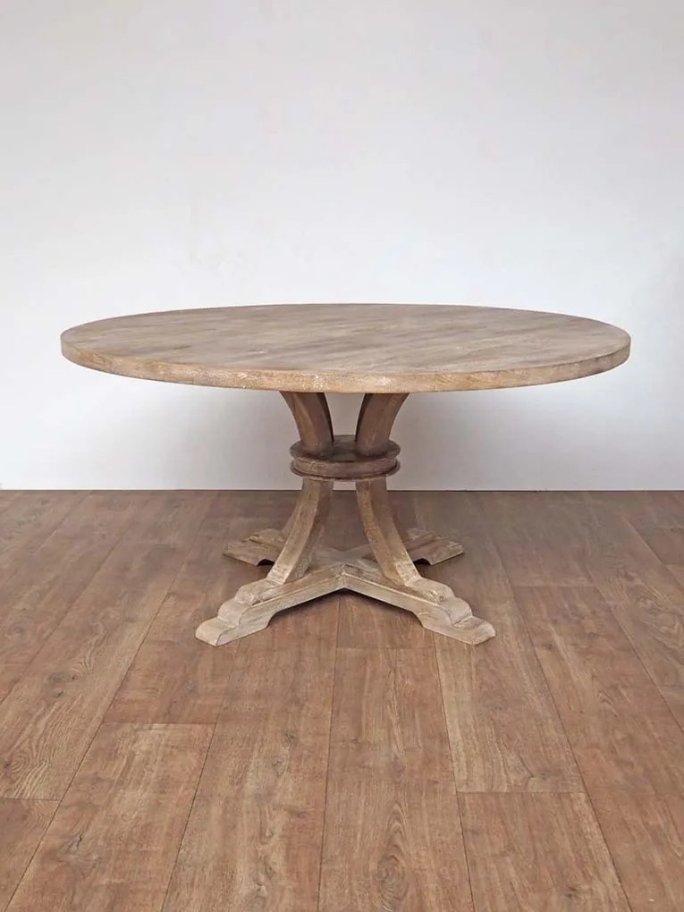 Masă dining rotundă din lemn de mango, natur, 6–8 locuri, cu picior central, finisaj décapé, 76 x 150 cm, „Valbelle”