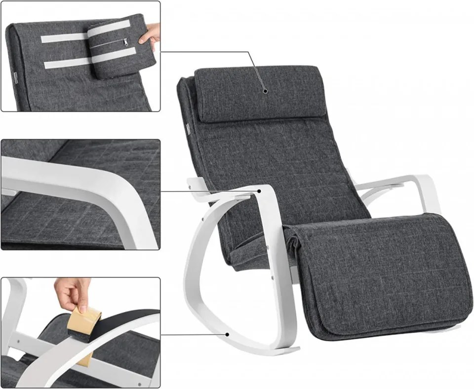Fotoliu balansoar, lemn de mesteacan / textil, antracit / alb, Songmics