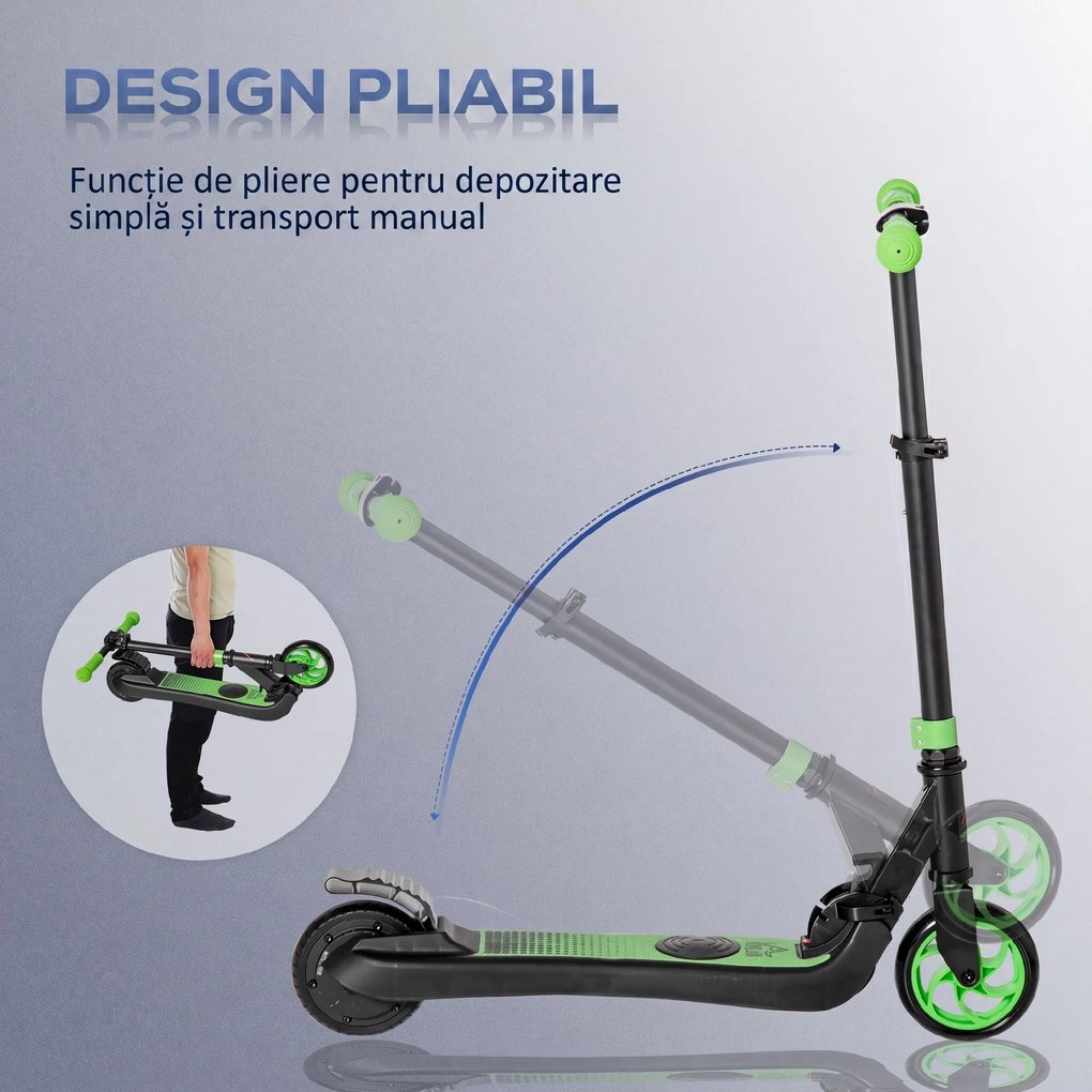 HOMCOM Trotinetă Electrică Pliabilă pentru Copii de 6+ Ani cu Înălțime Reglabilă, 71x36.5x75-80 cm, Verde | Aosom Romania