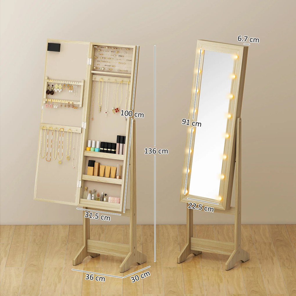 HOMCOM Oglindă Joyero cu Lumini LED Dulap pentru Bijuterii Dulap Joyero de Podea cu Oglindă Integrală Unghi Reglabil Lemn Natural | Aosom Romania