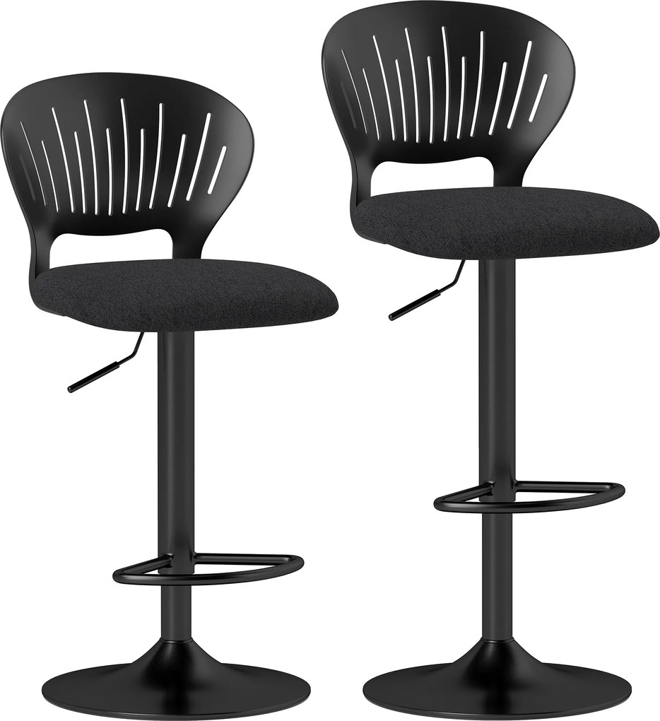Set HOMCOM de 2 Scaune de Bar Reglabile, Scaune de Bucătărie Înalte din Țesătură Tip In cu Spătar, Suport pentru Picioare și Scaun Moale, Structură din Metal, Scaune de Bar Rotative la 360°, Negru | Aosom Romania